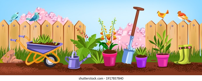 Spring garden, summer backyard vector nature illustration with flower pots, shovel, fence, birds, bushes. Agriculture rural background with wheelbarrow, can, grass, soil. Spring garden rustic concept