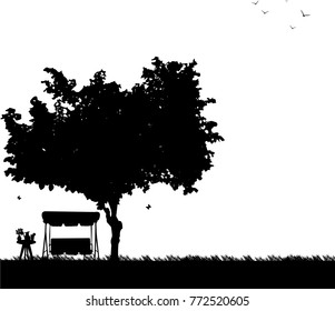 Spring in garden with garden swing, table with bouquet violets in vase and pitcher of lemonade and butterflies under a tree silhouette