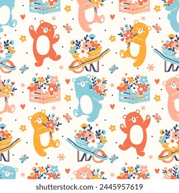 Fondo temático de jardín de primavera. Patrón sin costuras con ramos de flores, artículos de jardinería y osos divertidos. Fondo de Vector brillante. Adorable papel de embalaje, textil o tela