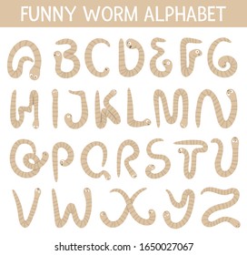 Spring garden themed alphabet for children with worms. Cute flat ABC with insects. Horizontal layout funny poster for teaching reading on white background