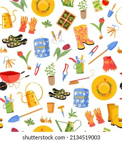 Spring garden tools and clothes vector seamless pattern. Cute flat style icon garden equipment and flowers on white background. Repeated background for wrapping, textile or web
