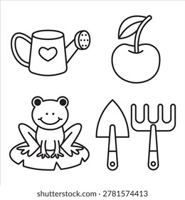 Spring Garden Tools and Frog Coloring Page for Kids