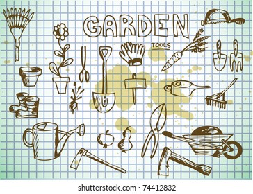 spring garden tools on the old paper