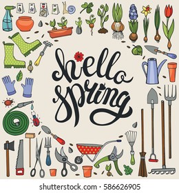 Spring garden tools set.Handwriting letters.Hand drawn vector sketch elements: flowers,bulbos, garden tool, bugs,boarding equipment.Spring symbols,vintage vector elements