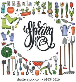 Spring garden tools set.Handwriting letters.Hand drawn vector sketch elements: flowers,bulbos, garden tool, bugs,boarding equipment.Spring symbols,vintage vector elements