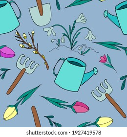 spring garden tools - watering can, rake, shovel, flowers, tulips, snowdrops, vector seamless pattern on a blue background, doodle style illustration