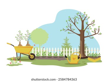 Spring garden with tree, planted seedlings and yellow wheelbarrow with young tree seedlings. Agriculture. Vector illustration spot.