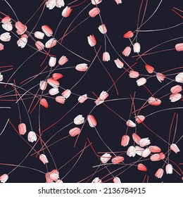 Spring Garden Tulips blossom. Tulip seamless pattern on black. Floral vector illustration for your designs, clothing, bedding prints, phone cases, wrapping paper, gift wrap, textile, fabric, wallpaper