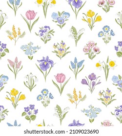 Spring Garden variety flowers hand drawn vector seamless pattern. Vintage Romantic Bloom Ogee repeat design. Cottage core aesthetic floral print for fabric, scrapbook, wrapping, card making