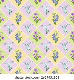 Spring Garden variety flowers  hand drawn vector seamless pattern. Vintage Romantic Bloom design. Cottage core aesthetic floral print for fabric, scrapbook, wrapping, card making