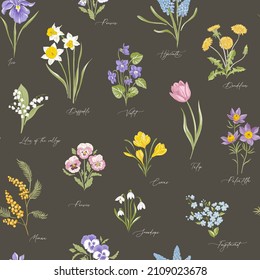 Spring Garden variety flowers on dark colour hand drawn vector seamless pattern. Vintage Romantic Bloom design. Curiosity Cabinet Botanical aesthetic floral print for fabric, scrapbook, wrapping