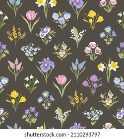 Spring Garden variety flowers on dark background hand drawn vector seamless pattern. Vintage Romantic Bloom Ogee repeat design. Cottage core aesthetic floral print for fabric, scrapbook, wrapping