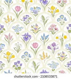 Spring Garden variety flowers in rainbow medallion hand drawn vector seamless pattern. Vintage Romantic Bloom design. Cottage core aesthetic floral print for fabric, scrapbook, wrapping, card making - Shutterstock ID 2108533871
