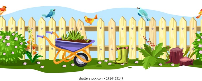 Spring Garden Vector Fence Seamless Border With Birds, Flowers, Bushes, Wheelbarrow, Green Grass, Boots. Summer Rural Backyard Picket View With Stump, Pink Blossom. Broken Garden Fence Cartoon Frame