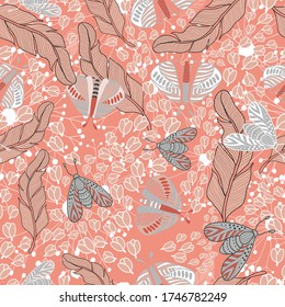 spring garden vector seamless repeat pattern with flowers and butterflies