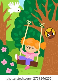 Spring garden vertical landscape. Rural nature scene with girl swinging on the tree with owl in hollow. Vector country house, farm background. Cute kid on holidays in the village illustration
