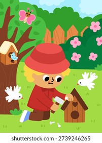 Spring garden vertical landscape. Rural nature scene with boy building a wooden birdhouse with hammer and nails. Vector farm background. Cute kid doing gardening work illustration
