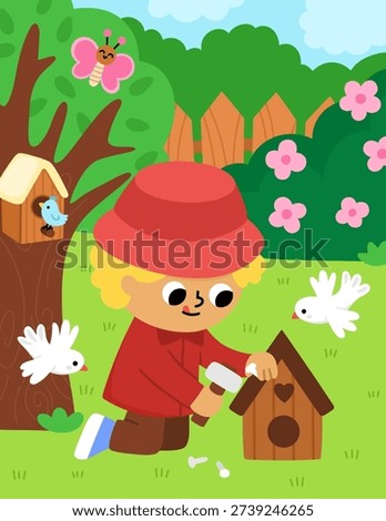 Spring garden vertical landscape. Rural nature scene with boy building a wooden birdhouse with hammer and nails. Vector farm background. Cute kid doing gardening work illustration
