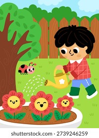 Spring garden vertical scene. Rural village landscape with boy watering the flowers on flowery meadow. Vector country house, farm background illustration with kid doing gardening work icon
