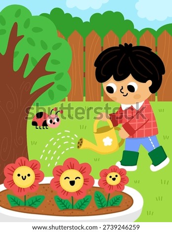 Spring garden vertical scene. Rural village landscape with boy watering the flowers on flowery meadow. Vector country house, farm background illustration with kid doing gardening work icon
