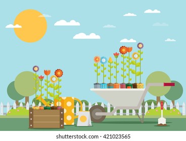  Spring Garden with Wheelbarrow, Watering Can and Flowers. Flat Design Style. 