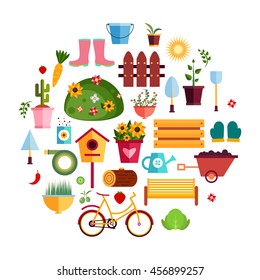 Spring Garden White flat icons. Design Vector Illustration. Set of Nature Gardening Tools Items.
