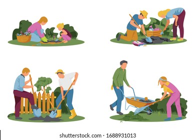 Spring gardening 4x1 set of flat compositions with outdoor scenery and people performing different field works vector illustration