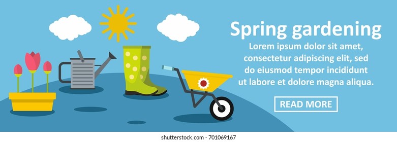Spring gardening banner horizontal concept. Flat illustration of spring gardening banner horizontal vector concept for web