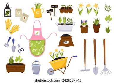 Spring gardening. Big set of elements - gardening tools, planting, flowers, accessories. Vector collection in cartoon style.