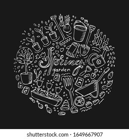 Spring gardening. Chalkboard drawing art. Seedling, growing plant. Garden tools, lettering Spring. Doodle sketch. Hand drawn pattern, vector circle print. Tree, onion, tulip, wheelbarrow, grass, rake.