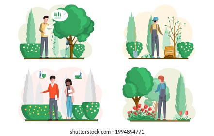 Spring gardening with characters of gardeners working in garden, landscape designers scenes set with people growing plants and flowers. Agriculture, organic garden tillage and farming, plant care