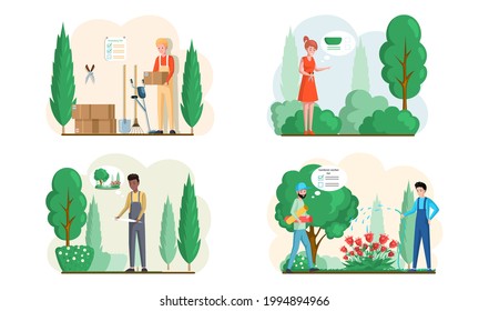 Spring gardening with characters of gardeners working in outdoor garden scenes set with people growing plants and flowers. Agriculture, organic garden tillage and farming, plant care, gardening hobby