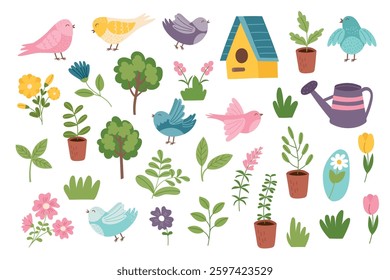 Spring and gardening cliparts collection. Spring objects isolated on white background. Spring and Easter concept elements. Vector hand drawn illustration.