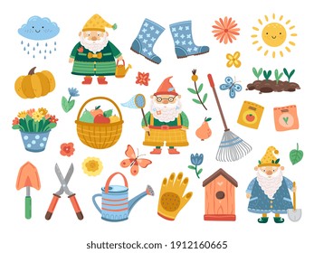 Spring gardening collection. Doodle flower, funny cute plant, birdhouse. Isolated farm tools, decorative garden gnomes exact vector set