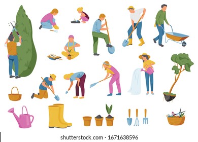 Spring gardening collection of isolated flat icons with gardening instruments ground plants and faceless human characters vector illustration