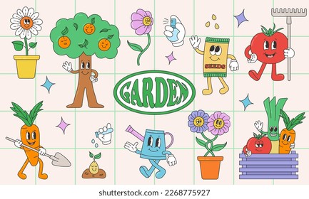 Spring gardening collection. Trendy retro cartoon style illustrations of flowers and funny cute plant. Vintage character vector art elements.