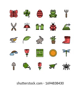 Spring and gardening. Color icon set. Filled vector illustration