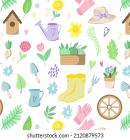 Spring and gardening colorful vector elements. Hello spring, garden tools and flowers seamless pattern