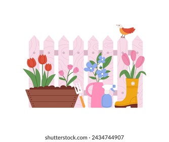 Spring gardening composition from fence, garden tools and flowers. Flat vector illustration isolated on white background.