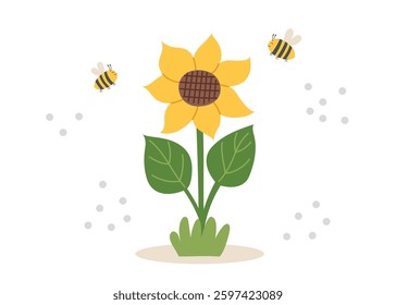 Spring and gardening concept background. Sunflower and bees around on white background. Vector hand drawn illustration.