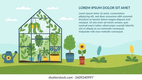 Spring and gardening concept banner. Background of spring garden with greenhouse, plants and watering can. Vector hand drawn illustration.