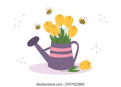 Spring and gardening concept banner. Watering can with flowers in it and bees around on white background. Vector hand drawn illustration.