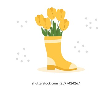 Spring and gardening concept banner. Yellow boot with bouquet of yellow flowers in it on white background. Vector hand drawn illustration.