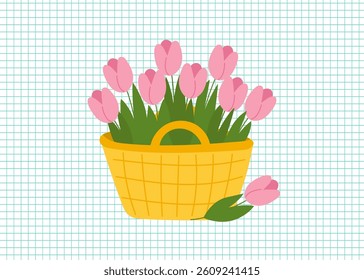 Spring and gardening concept clipart. Yellow basket with pink tulips on a checkered background. Vector hand drawn illustration.
