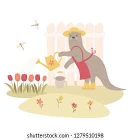 Spring gardening concept. Otter gardener watering flowers in garden. Cartoon handdrawn style. Vector illustration.