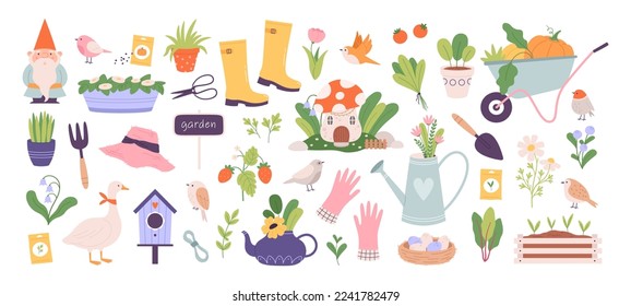 Jardinería de primavera adorables elementos. Pequeña casa pequeña con enanos y hongos. Plantas primaverales, verduras frescas y verdes. Clásico vectorial de aves de granja