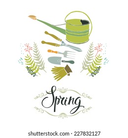 Spring gardening design card with tools