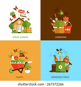 Spring gardening design concept set with plants and tools flat icons isolated vector illustration