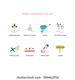 Spring gardening to do list with planting perennials, digging and mulching, cleaning, trim bushes and trees, sowing seeds, removing weeds, watering plants. Vector line icons. Springtime infographic.