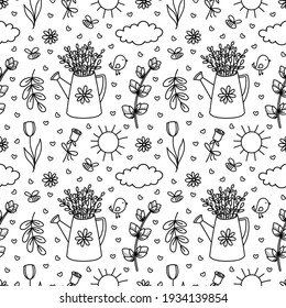 Spring gardening doodles seamless pattern. Hand drawn watering can with willow branches, flowers, sun, cloud, bee. Blossom season vector background for design kid print, wrapping paper, textile